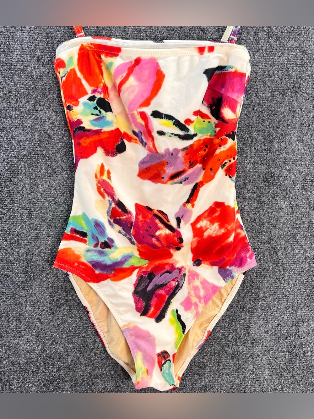 Vintage Gottex One-Piece Swimsuit Size 6 Brushstroke Red Floral #623 070 Sparkly
